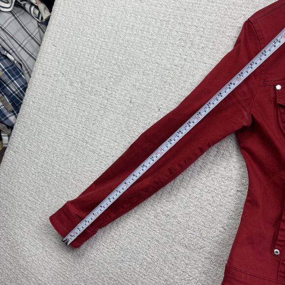 Y2K Guess Denim Jacket Wom M Cherry Red Button Up Jean Trucker Biker Retro - Picture 10 of 11